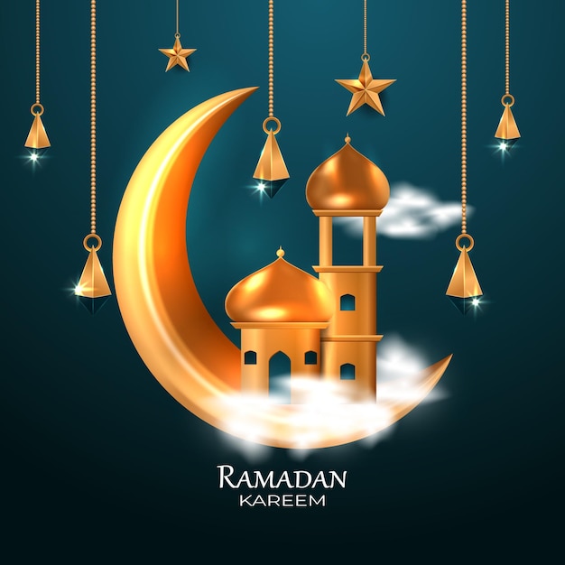 Vector ramadan kareem maanmoskee met wolkenontwerp