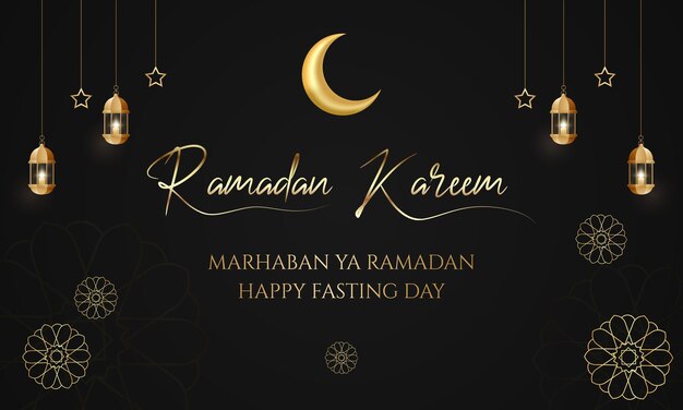 Vettore ramadan kareem e marhaban ya ramadan con scrittura dorata a mano