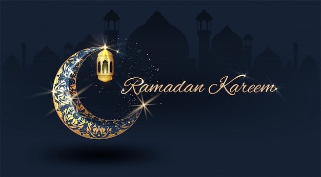 Vector ramadan kareem met gouden sierlijke halve maan en islamitische lijn moskee koepel met klassiek patroon met lantaarn islamitische luxe viering achtergrond