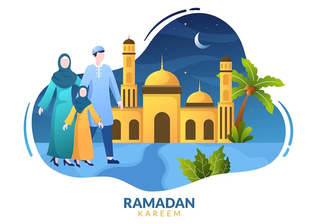 Ramadan Kareem met mensenmoskee en maan op achtergrondillustratie voor religieuze islam