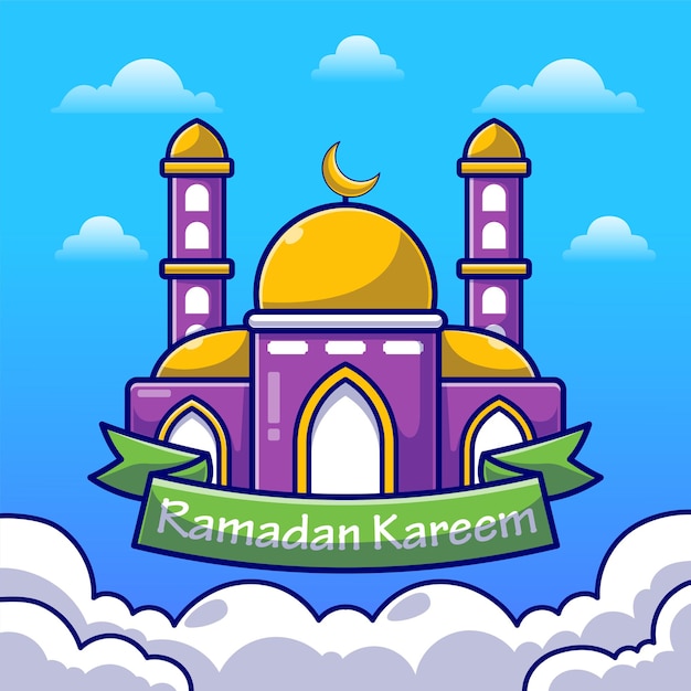 Ramadan kareem met moskee en maan vlakke afbeelding