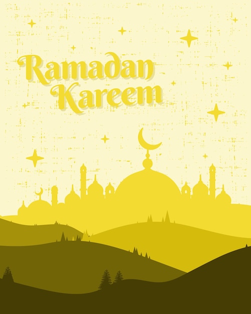 Ramadan kareem met moskee illustratie en heuvel landschap in rode kleur