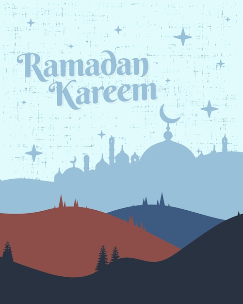 Ramadan kareem met moskee illustratie en heuvel landschap in rode kleur