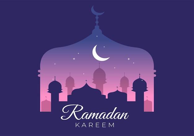 Ramadan Kareem met moskeelantaarns en maan op achtergrondillustratie voor religieuze islam