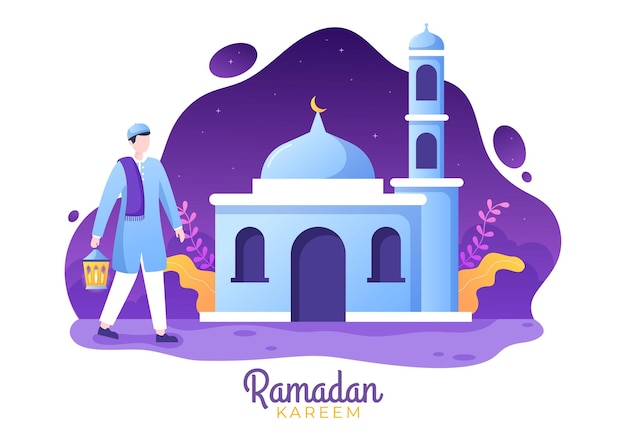 Ramadan Kareem met moskeelantaarns en maan op achtergrondillustratie voor religieuze islam