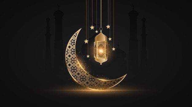 Ramadan Kareem month with glowing lantern on the background of the old city with mosque Abstract golden moon with islamic ornament Eid Mubarak Holy month for fasting Muslims Vector