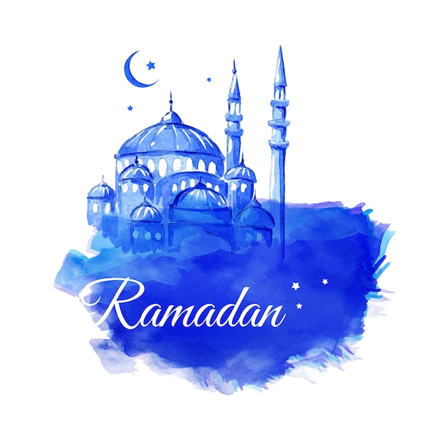 Ramadan Kareem Moskee nacht Blauwe groeten achtergrond Vector aquarel