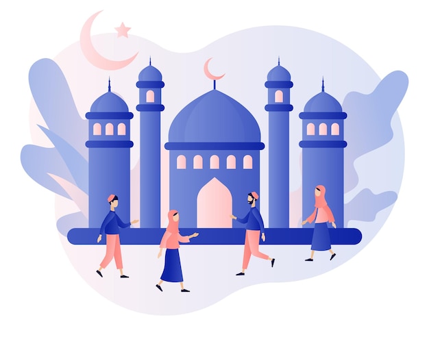 Вектор Мечеть рамадан карим и священный месяц крошечные люди приветствуют друг друга праздник ид мубаракмусульманский праздник