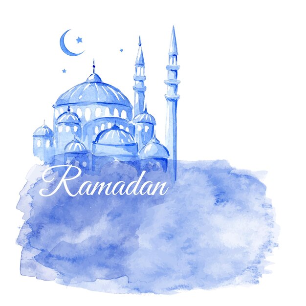 Notte della moschea del ramadan kareem sfondo blu dei saluti acquerello vettoriale