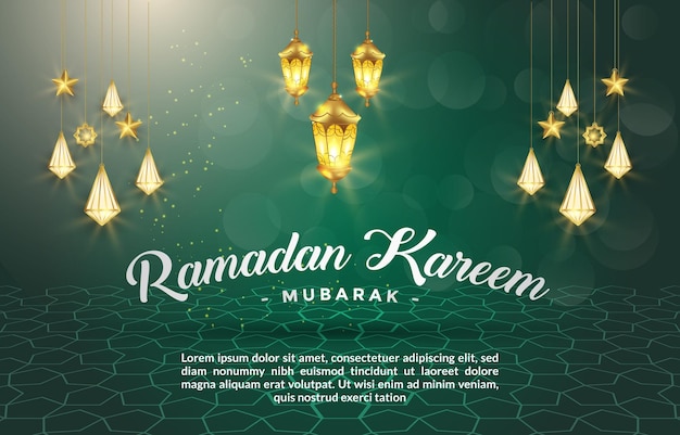 Рамадан карим мубарак баннер с красивым исламским орнаментом и абстрактным градиентным зеленым и белым фоном