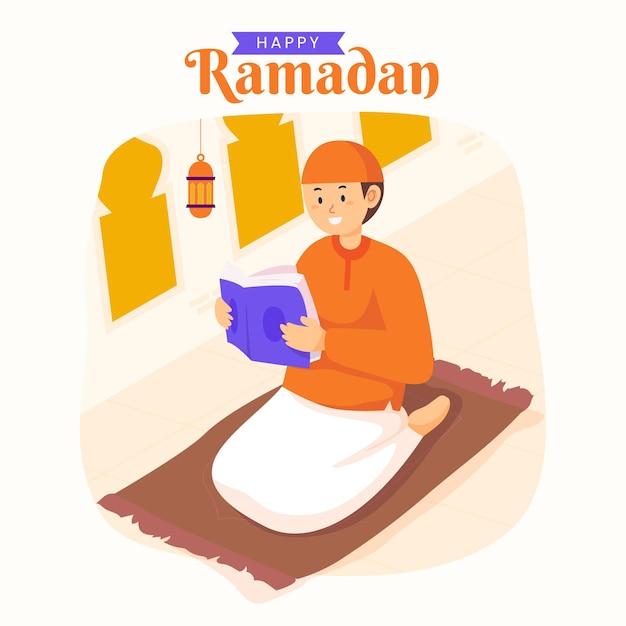 Ramadan kareem mubarak met man die koran leest tijdens het vasten,