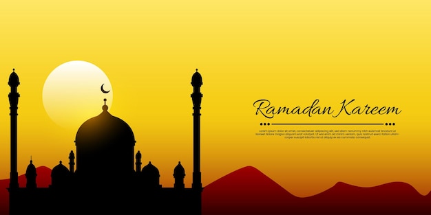 ramadan kareem mubarak wishing banner with sun light or mosque and lantern vector design