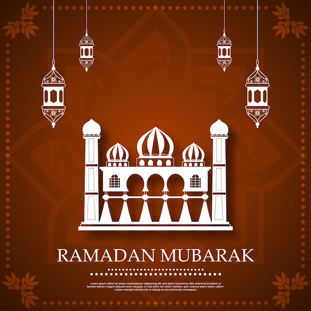 Рамадан карим мубарак пожелание пост с мечетью и фонарем векторный дизайн