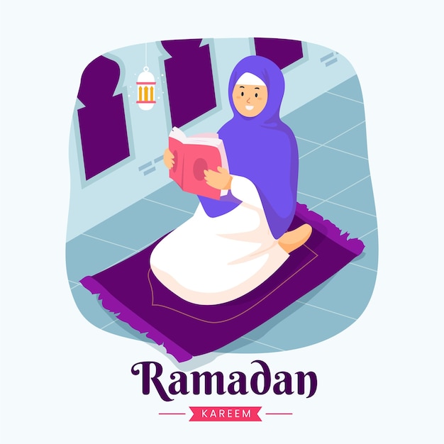 Ramadan kareem mubarak with woman reading quran during fasting, 