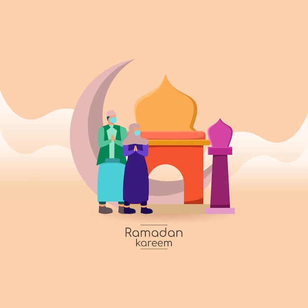 ラマダンカリームイスラム教徒のキャラクターと漫画スタイルのプレミアムベクトルのモスク