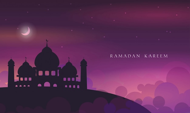 Vettore ramadan kareem notte illustrazione sfondo, moschea silhoutte, nuvola, stelle e luna