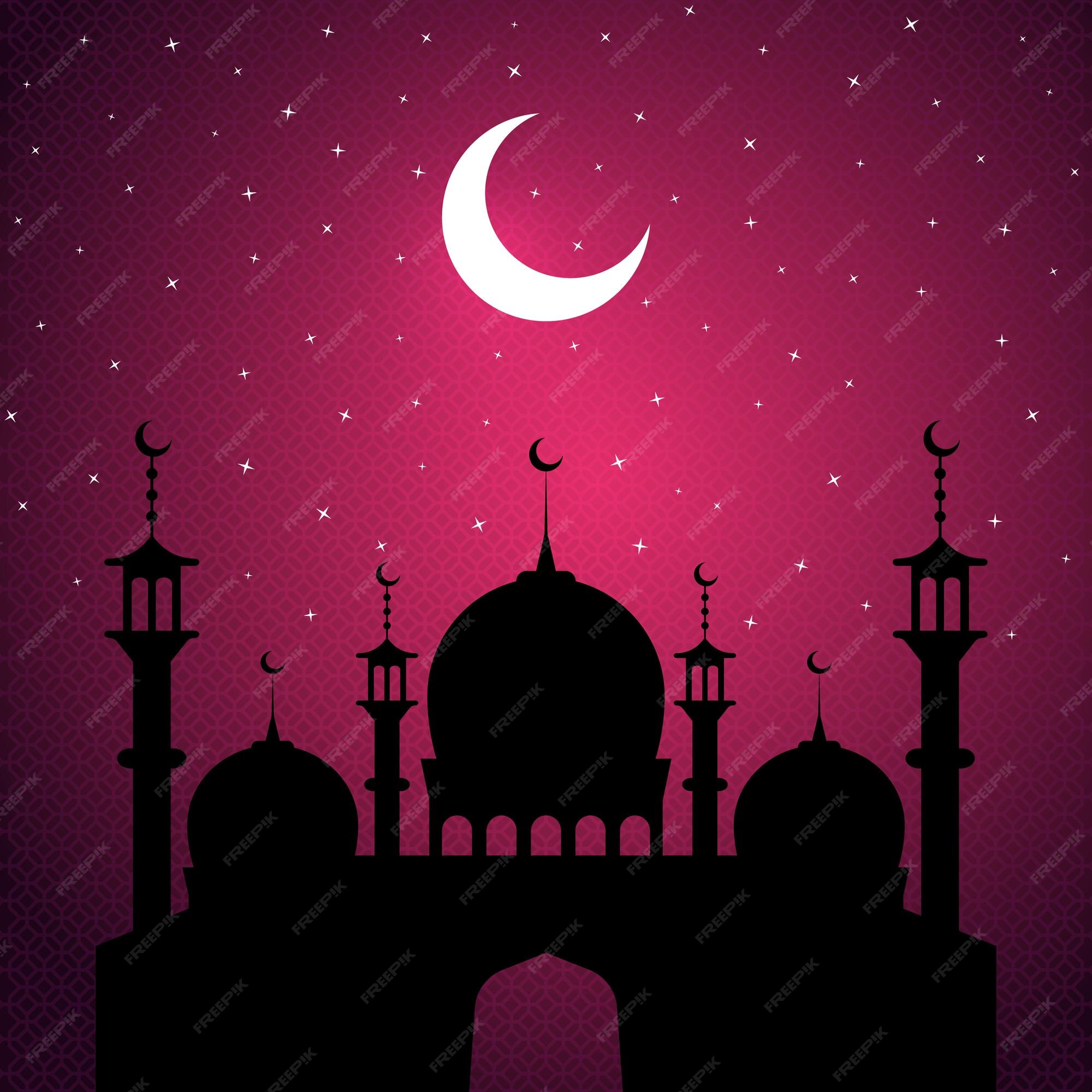 Hình ảnh đền thờ đen trên nền tím bao quanh cùng ngọn đèn Ramadan sáng lấp lánh đẹp mắt. Hình minh họa này sẽ giúp bạn tưởng niệm sự khiêm nhường và tình yêu thương vô điều kiện.