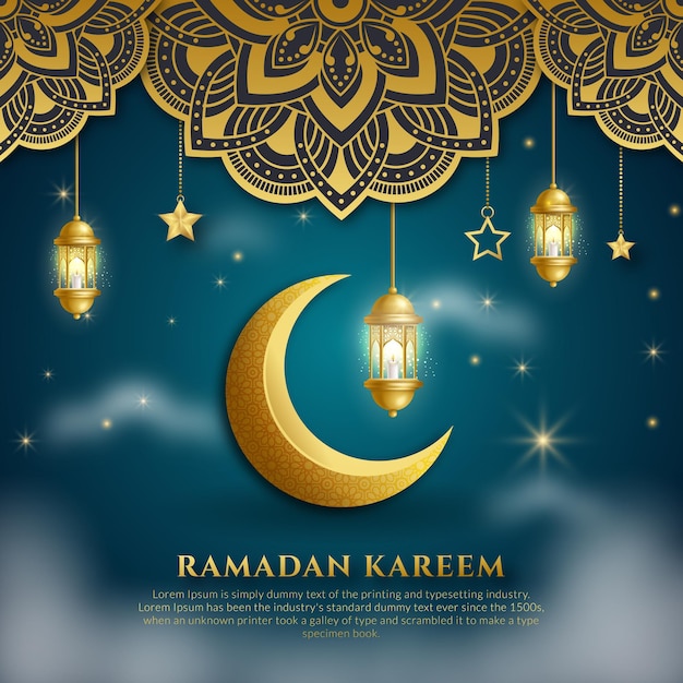 Ramadan kareem of eid mubarak arabische kalligrafie met maan, islamitisch ornament, lantaarnbanner