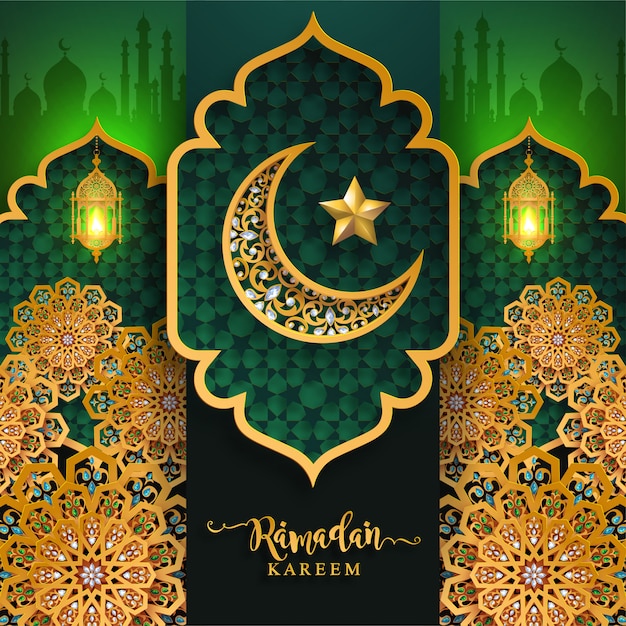 Ramadan kareem of eid mubarak-groetachtergrond islamitisch met gevormd patroon en kristallen op document kleurenachtergrond.