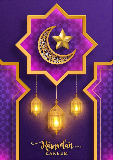 Ramadan Kareem of Eid mubarak-groetachtergrond Islamitisch met gevormd patroon en kristallen op document kleurenachtergrond.