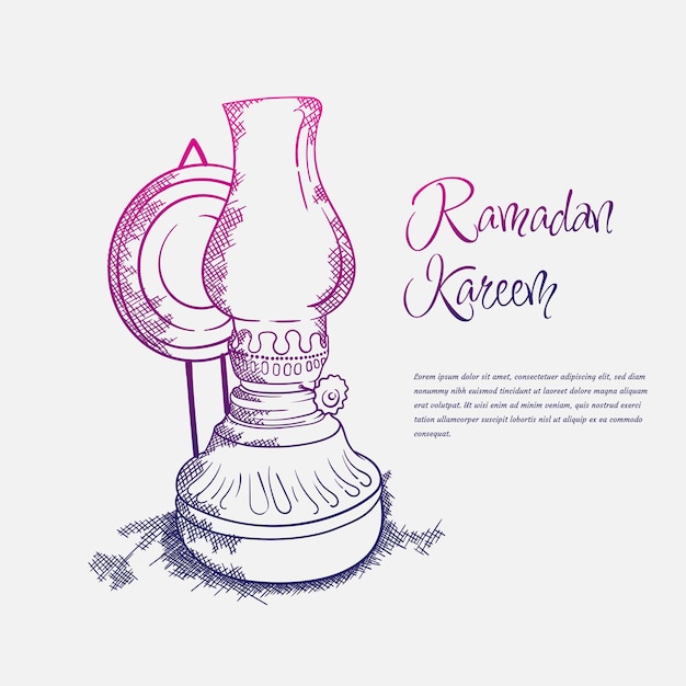 Ramadan Kareem-ontwerp met handgetekende vintage lantaarn in kleurverloop en witte achtergrond