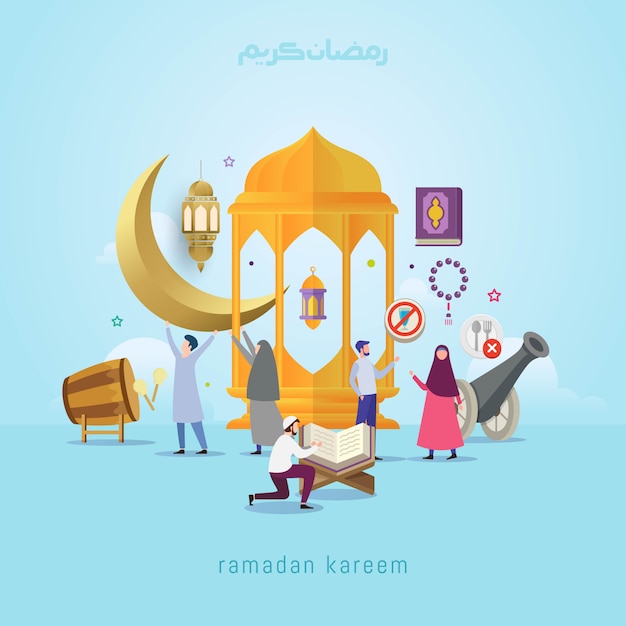 Ramadan kareem ontwerpconcept met kleine mensen