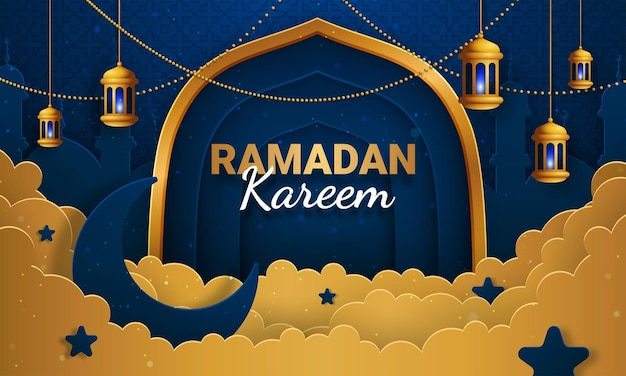 Рамадан карим бумага вырезать векторный баннер или плакат с фонарем и облачным орнаментом, подходящим для празднования событий рамадана