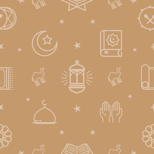 Ramadan Kareem Pattern, Eid Mubarak Background, Line Icons Set.