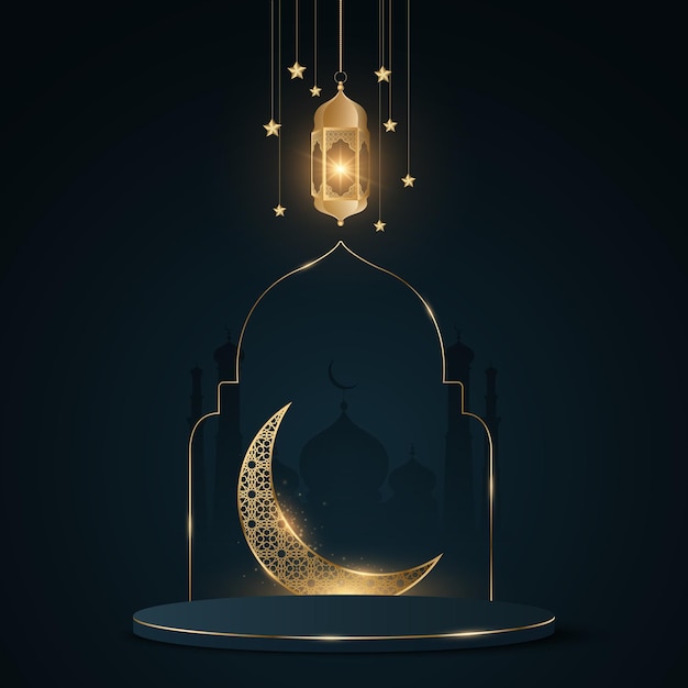 Ramadan kareem podium gloeiende lantaarn op de achtergrond van de oude stad en de moskee islamitische traditionele frame luxe gouden maan met islamitische sieraad eid mubarak vectorillustratie