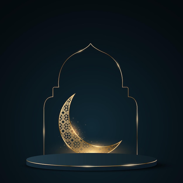 Ramadan Kareem podium with Arabic traditional frame Luxurious brilliant golden moon with islamic ornament 3D cylinder with gold glitter Minimal muslim scene Eid Mubarak Vector illustration EPS 10