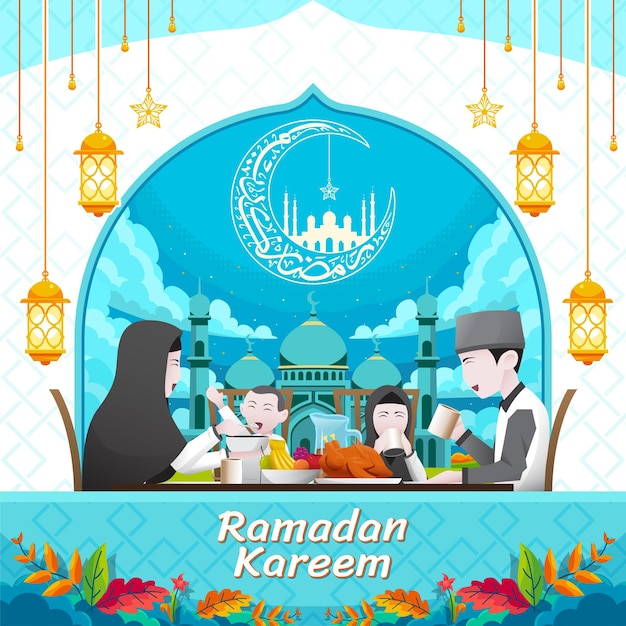 ramadan kareem poster design with family illustration