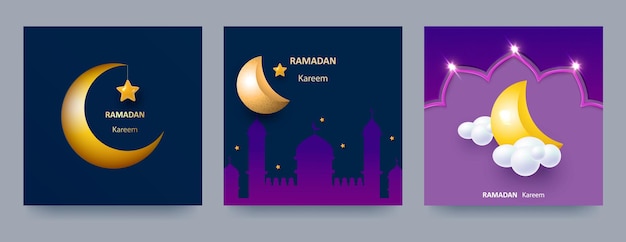 Ramadan Kareem poster or invitation set with 3d paper cut islamic mosques stars and crescent moon on blue and light background