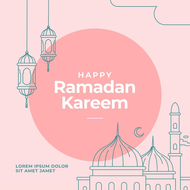 Плакат Рамадан Карим с иллюстрацией линии мечети для фестиваля исламского поста