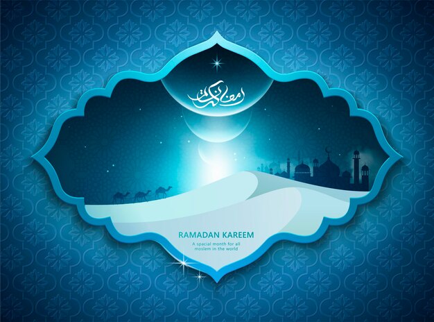 Ramadan kareem poster with shape frame with desert scene