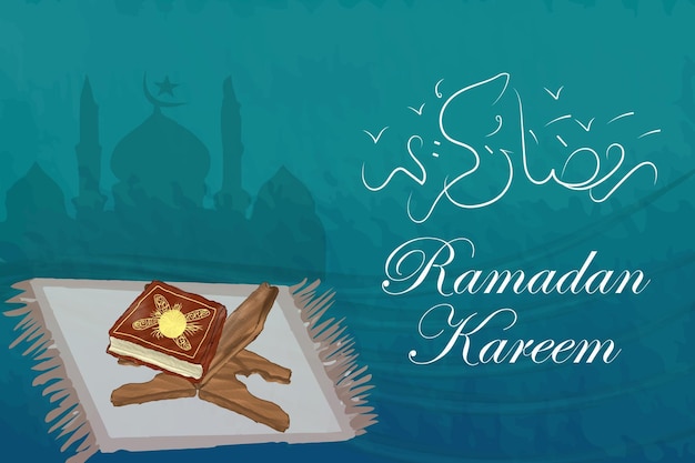 Vector ramadan kareem poster with watercolor quran mosque and book on blue background vector illustration