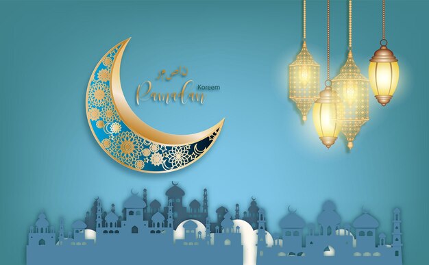 Ramadan Kareem posters or invitations design paper cut Islamic lanterns stars and moon of Vector