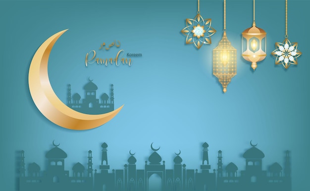 Ramadan Kareem posters or invitations design paper cut Islamic lanterns stars and moon of Vector