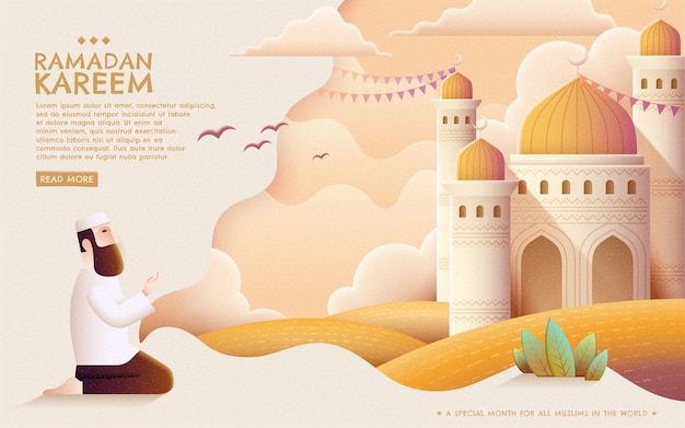 Рамадан Карим молитва и мечеть в рисованном стиле