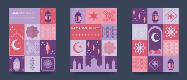 Ramadan Kareem Ramadan greeting card template set Traditional patterns and elements Mosaic geometric illustration Poster media banner Vector