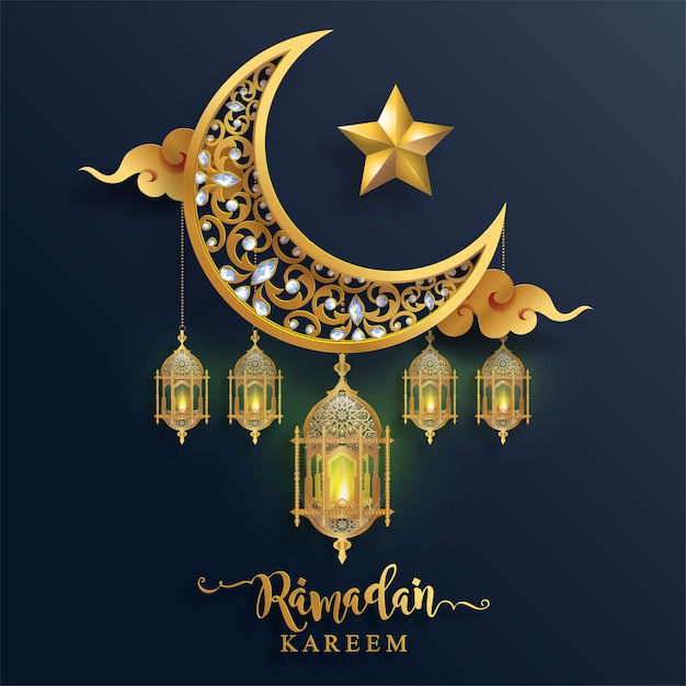 Ramadan Kareem, Ramadan of Eid Mubarak door moslims begroeting achtergrond Islamitisch met goud patroon en kristallen op papier kleur achtergrond. (Vertaling: Ramadan Kareem)