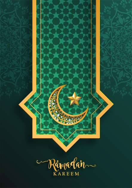 Ramadan Kareem Ramadan of Eid mubarak door moslims begroeting achtergrond islamitisch met goud patroon en kristallen op papier kleur achtergrond vertaling Ramadan Kareem