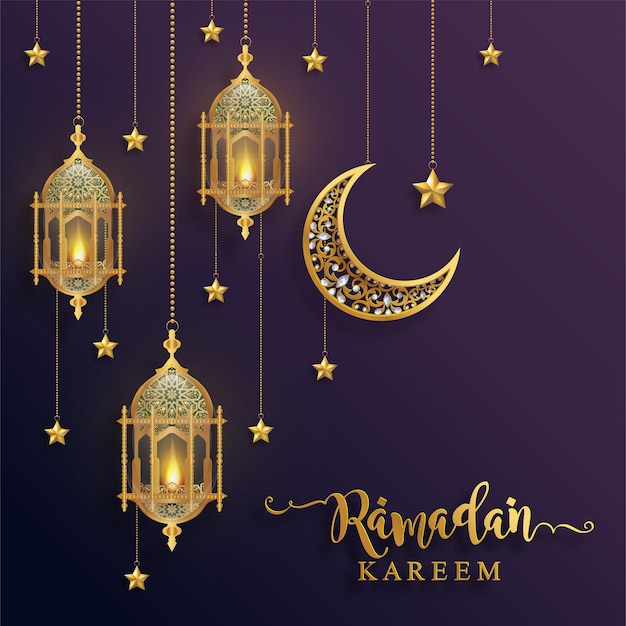 라마단 카림, 라마단 또는 이드 무바라크 이슬람교도들은 배경 이슬람교를 종이색 바탕에 금 무늬와 수정으로 인사합니다.(번역: 라마단 카림)