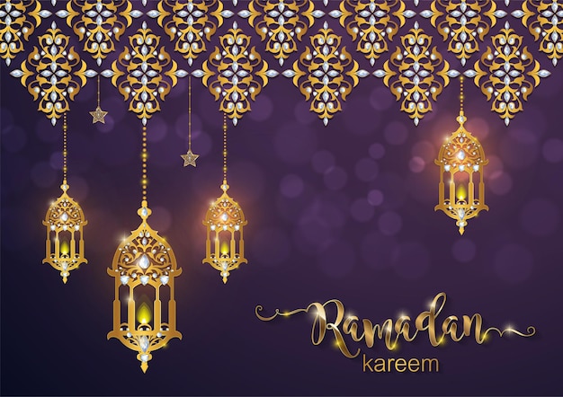 Ramadan kareem, ramadhan or eid mubarak by muslims greeting background islamic with gold patterned and crystals on paper color background.( translation : ramadan kareem )