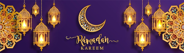 Ramadan Kareem, Ramadhan or Eid mubarak by Muslims greeting background Islamic with gold patterned and crystals on paper color background.( Translation : Ramadan Kareem )