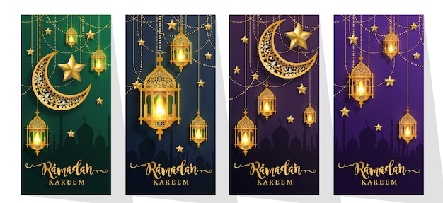 Ramadan Kareem, Ramadhan or Eid mubarak by Muslims greeting background Islamic with gold patterned and crystals on paper color background.( Translation : Ramadan Kareem )