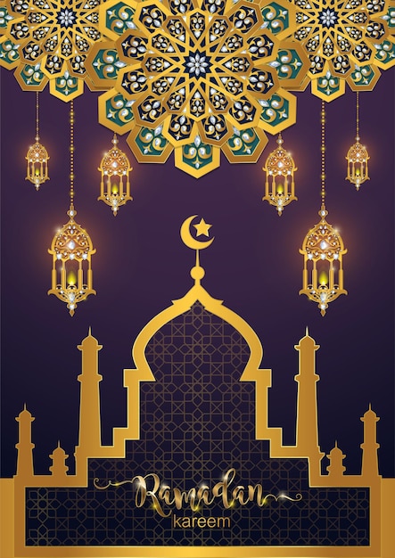 Ramadan kareem ramadhan o eid mubarak da parte dei musulmani saluto sfondo islamico con motivi dorati e cristalli su carta di colore di sfondo traduzione ramadan kareem