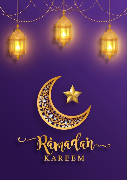 Vettore ramadan kareem ramadhan o eid mubarak da parte dei musulmani saluto sfondo islamico con motivi dorati e cristalli su carta di colore di sfondo traduzione ramadan kareem