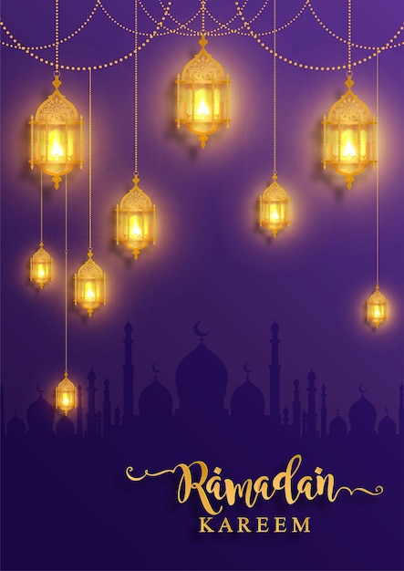 Ramadan kareem ramadhan o eid mubarak da parte dei musulmani saluto sfondo islamico con motivi dorati e cristalli su carta di colore di sfondo traduzione ramadan kareem