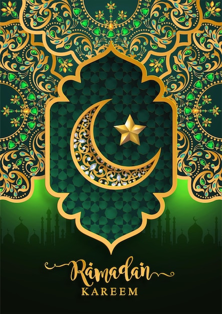 Ramadan Kareem Ramadhan or Eid mubarak by Muslims greeting background Islamic with gold patterned and crystals on paper color background Translation  Ramadan Kareem
