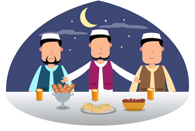 벡터 라마단 카림 라마단 카림 플랫 만화 밤 저녁 식사 iftar ifthar